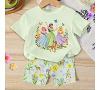 1 set Filles bébé 2 pièces Mignon doux élégant Princesse dessin animé Floral Nœud Imprimé Col rond Manches courtes T-shirt et Shorts cyclistes décontractés confortables Printemps/Été Vacances Coupe sl