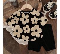 1 set Filles bébé Décontracté Mignon Imprimé floral Manches courtes Col rond T-shirt et Short, Convient pour les sorties et les vacances, du printemps à l'été 6-9M,9-12M,12-18M,18-24M,2-3YGéométriqueÉ