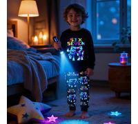 1 set Haut à manches longues et pantalon de pyjama ajusté avec imprimé de personnages numériques de dessin animé qui brillent dans le noir, pour garçons. Convient pour le printemps, l'automne et toute