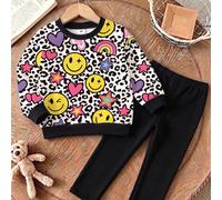 1 set Jeune Fille Sweat-shirt Col Rond Imprimé Élément d'Expression Mode Doux et Mignon avec Pantalon Long Coupe Slim Couleur Unie, Ensemble 2 Pièces Convient pour le Port Quotidien Automne/Hiver, Des
