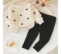 1 set Jeunes filles mode décontractée confortable, sweat-shirt à manches longues et leggings imprimés cœurs. Convient pour les petites filles en automne/hiver. Ensemble sweat-shirt cœur, tenue d'extér