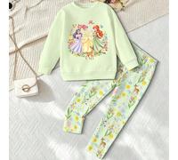1 set Jeunes Filles Princesse de la Forêt Style Conte de Fées Rêveur Couronne Florale Trois Princesses & Imprimé Cerf Sweat-shirt à Enfiler avec Motif Floral Minuscule Partout Pantalon Long Coupe Slim