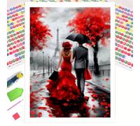 1 set Kit de peinture de diamant romantique, thème de robe de mariée du couple de la nuit pluvieuse de Paris, décoration de maison romantique, gouttes de pluie en forme de cœur et décoration de pétale