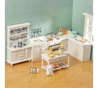 1 set Miniature Ensemble de meubles de cuisine pour maison de poupée, comprenant un plan de travail + un meuble + un évier + une cuisinière + un réfrigérateur, décorations exquises, décor de jeu de rô