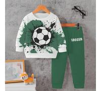 1 set Mode décontractée pour jeunes garçons, style sportif avec imprimé football éclaboussure. Sweat-shirt-shirt col rond et pantalon. Tenue de sport et d'école décontractée pour tous les jours, autom