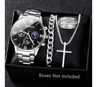 1 set Montre à quartz pour hommes avec fonction calendrier, boîtier et bracelet en alliage de zinc, cadran rond, mouvement électronique et affichage par aiguilles, comprend un collier pendentif, un br