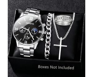 1 set Montre à quartz pour hommes avec fonction calendrier, boîtier et bracelet en alliage de zinc, cadran rond, mouvement électronique et affichage par aiguilles, comprend un collier pendentif, un br