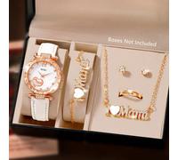 1 set Montre pour la Fête des Mères, montre à quartz décontractée et à la mode avec un bracelet, un collier, des boucles d'oreilles et une bague minimaliste "J'aime Maman". Convient pour un port quoti