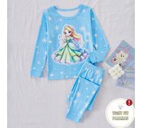 1 set pour fille coupe slim bleu clair imprimé intégral princesse de glace flocon de neige & étoile, tissu tricoté doux et élastique, manches longues & pantalon long, coupe ajustée pour tenue d'intéri