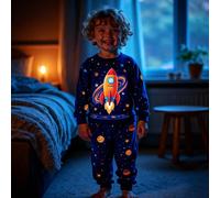 1 set Pyjama à manches longues ajusté pour garçons avec imprimé de l'espace, de satellites et de fusées qui brillent dans le noir. Convient pour le printemps, l'automne et toute la saison. 6Y,7Y,4Y,5Y