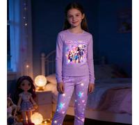 1 set Pyjamas qui brillent dans le noir pour préadolescentes, Top en tricot imprimé de groupe de filles violet lumineux activé par les UV et bas en tricot moulants imprimés d'étoiles et de cœurs, styl