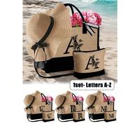 1 set Sac fourre-tout de plage pour femmes, sac en canevas et chapeau, accessoires de plage, lettres A-Z, convient pour le mariage, l'anniversaire, les vacances, un beau cadeau pour les dames, les mam