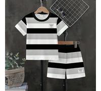 1 set short et t-shirt rayé pour garçons, style mode décontracté, rayures contrastées noir et blanc, convient pour le plein air, le port quotidien, les sports au printemps et en été 8Y,9Y,10Y,11Y,12YB