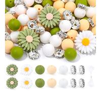 1 Set Silicone Beads, Cute Daisy Flower, Round, Flat Round Rondelle Spacer Beads with Elastic Rope for DIY Pens Bracelet Keychain Lanyard Hang OrnamentSilicone