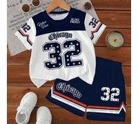 1 set Style rétro sport d'été pour bébé garçon, T-shirt à col rond manches courtes + short de sport couleur contrastée, 2 pièces Tenue de basket-ball sportive pour enfants avec impression Chicago 32 6
