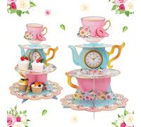 1 set Support à gâteau de 3 niveaux de style théière avec décoration florale pour service à thé, support pour gâteau, tour à dessert pour anniversaire de princesse, mariage, Noël Taille Unique,1 pièce