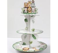 1 set Support de gâteau de style jungle animale, plateau à gâteau en papier multicouche et bordure de gâteau, plateau alimentaire, décoration jungle "Wild One", décoration baby shower, décoration révé