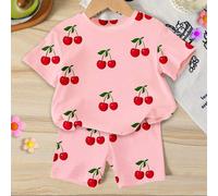 1 set T-shirt à manches courtes col rond et short imprimé motif cerise mignon et doux pour fillettes, style vacances, convient pour le printemps à l'été 6Y,7Y,4Y,5YFruits & légumesÉtoffe