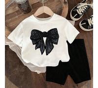 1 set T-shirt à manches courtes col rond et short pour fillettes, avec imprimé nœud pailleté brillant. Tenue florale adaptée pour le printemps à l'été 6Y,7Y,4Y,5YBlocs de couleur,graphiqueÉtoffe