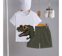 1 set T-shirt à manches courtes et short pour tout-petits avec motif lunettes de soleil et impression de T-Rex, tenue décontractée légère, adaptée pour le printemps/été 6Y,7Y,4Y,5YAnimal,Cartoon,Dinos