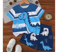 1 set T-shirt à manches courtes et short pour tout-petits garçons, imprimé de dinosaures rayés bleus. Ensemble décontracté d'été indispensable, tenue polyvalente en 2 pièces, costume confortable pour