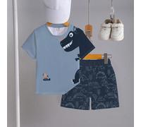 1 set T-shirt à manches courtes et short pour tout-petits garçons, motif de dinosaure et "HELLO" imprimés sur le T-shirt, short avec imprimé de ligne de dinosaures sur tout le vêtement, tenue mignonne
