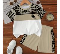 1 set T-shirt à manches courtes et short pour tout-petits garçons, style décontracté d'été, avec imprimé rétro classique du logo cavalier sur polo. Ensemble enfant avec imprimé géométrique labyrinthe,
