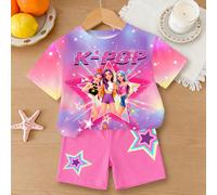 1 set T-shirt et short pour jeune fille, salopette dans des tons de couleur dégradé violet rêveur, décoré d'éléments d'étoiles brillantes, ensemble de style jeune fille, avec une impression "K-POP" pr