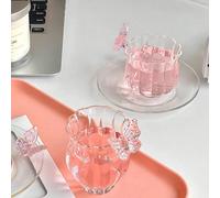 1 set Tasse à thé et soucoupe en verre avec papillon 3D rose, tasse et soucoupe en verre pour thé de l'après-midi avec papillon girly, set de tasse et soucoupe en verre pour café latte de style Ins, c