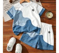 1 Set Tenue Bébé Garçon, Nouvelle Mode Printemps/Été Décontractée Polyvalente, Patchwork Vague Bloc de Couleurs Sombre & Clair, Créant un Look d'Été Accrocheur, Prêt pour la Photo, Design Beau & Cool,