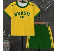 1 set tenue de garçon thème Brésil pour printemps/été, nouvel ensemble de mode d'été style sport 2 pièces, polyvalent décontracté et élégant pour un look cool, convient pour l'école, les sorties quoti