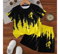 1 set Tenue de mode de rue pour garçons | Survêtement de basket-ball avec éclaboussures d'encre dégradé noir et jaune, plein de vitalité, doux et mignon. Le petit garçon devient instantanément un enfa