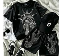 1 set Tenue de sport décontractée pour garçons, 2 pièces, T-shirt avec motif Statue de la Liberté et short, polyvalent pour un port quotidien, style moto, imprimé noir décontracté, convient pour l'ext