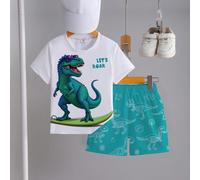 1 set Tenue décontractée mignonne de style dessin animé pour bébés garçons, T-shirt avec imprimé lunettes de soleil, dinosaure et "LET'S ROAR", short avec imprimé croquis de dinosaure. Ensemble t-shir