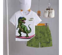 1 set tenue imprimé de dessin animé pour tout-petits garçons, t-shirt blanc avec motif lunettes de soleil et dinosaure surfant "LET'S ROAR", short vert avec imprimé de ligne de dinosaures sur tout le