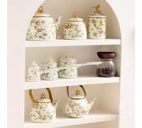 1 set Théière émaillée florale vintage (avec poignée) et bocal de rangement polyvalent - convient pour toutes les saisons, peut être utilisé comme théière/cafetière/pot à lait/théière ; le bocal de ra