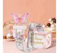 1 set Tirelire en forme de papillon rose pour l'argent des cadeaux d'anniversaire, boîtes-cadeaux surprises avec carte d'anniversaire joyeux à sortir et 30 sacs transparents, une façon amusante de don