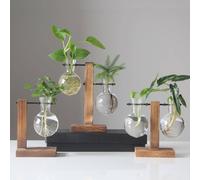 1 set Vases à plantes hydroponiques de terrarium, pot de fleurs, cadre en bois transparent, vase suspendu en verre, décoration d'intérieur de table A,B,CVerre