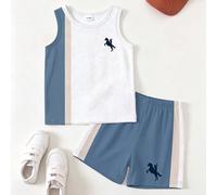 1 style sélectionné au hasard parmi 3, ensemble bébé décontracté mode classique avec imprimé chevalier, col ras-du-cou, manches courtes, contraste bleu-gris/gris-bleu 6-9M,9-12M,12-18M,18-24M,2-3YBloc
