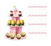 1 Support À Gâteau Château Rose Et 24 Bâtons De Nœud Papillon, Support De Décoration De Dessert De Fête, Bâton De Cupcake, Décoration d'anniversaire De Fille.