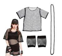 1 T-Shirt en Maille Noire, 1 Collier De Perles À Double Couche, 1 Paire De S en Maille Extensible, Accessoires Vestimentaires des Années 1980, Décoration De Fête De Bal.