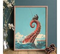 1 tableau mural fantaisiste sur le thème des profondeurs marines : homme en costume pêchant sur un tentacule rouge en spirale avec Décoration fantastique océanique (80 x 120 cm/cadre intérieur)