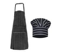 1 tablier rayé noir et blanc, 1 pièce toque de cuisinier, tablier de cuisine, imperméable et résistant à l'huile, tablier à cravate avec poches, kit de cuisine, convient pour la cuisine, le