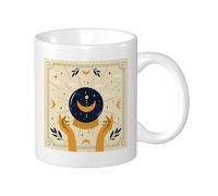 1 tasse avec impression sorcière, constellation, lune, feuilles, géométrique, étoile, lignes modernes, motifs jaunes et bleus en céramique, réutilisable, décoratif, bureau, appartement, salon, fond