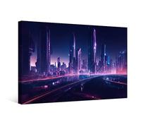 1 toile Cyberpunk City Neon Streetview Night - Décoration murale - Nuit néon dans une ville cyberpunk - Affiches et impressions encadrées prêtes à être accrochées - 40,6 x 61 cm