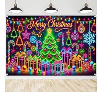 1 toile de fond néon pour sapin de Noël de 150 x 100 cm, en polyester à suspendre avec cadeaux et cloches lumineuses, fond de cabine photo, décoration de chambre de Noël, fête d'hiver.