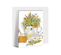 1 toile murale décorative représentant une charmante abeille et un pot de miel, avec un motif floral et une théière rustique, pour la décoration du salon ou de la cuisine (20 x 30 cm, sans cadre)