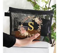 1 trousse de maquillage en maille transparente avec des imprimés floraux et lettres dorées, parfaite pour l'été - elle a un style, avec une fermeture à glissière L,M,S,A,Z,B,C,D,E,F,G,H,I,J,K,N,O,P,Q,