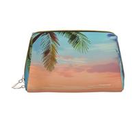 1 trousse de maquillage imprimée en cuir PVC avec motif cocotier et plage de sable pour femme, maman, petite trousse de maquillage de voyage avec fermeture éclair, blanc, Taille unique, Trousse de