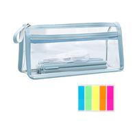 1 trousse transparente avec 100 autocollants fluorescents, trousse à crayons en PVC transparent, trousse à cosmétiques portable, sac de papeterie, convient pour le bureau, l'école, les voyages (bleu),
